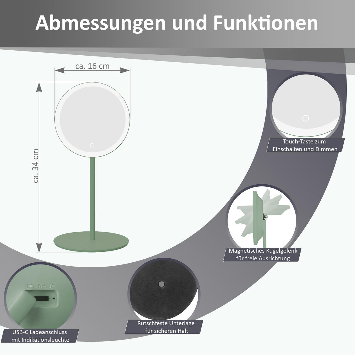 LED-KOSMETIKSPIEGEL - 5-fach Vergrößerung mit 3 Lichtfarben und Touch-Dimmer, Metallgehäuse olive, kabellos - Grün, Metall (16/34/16cm) - Northpoint