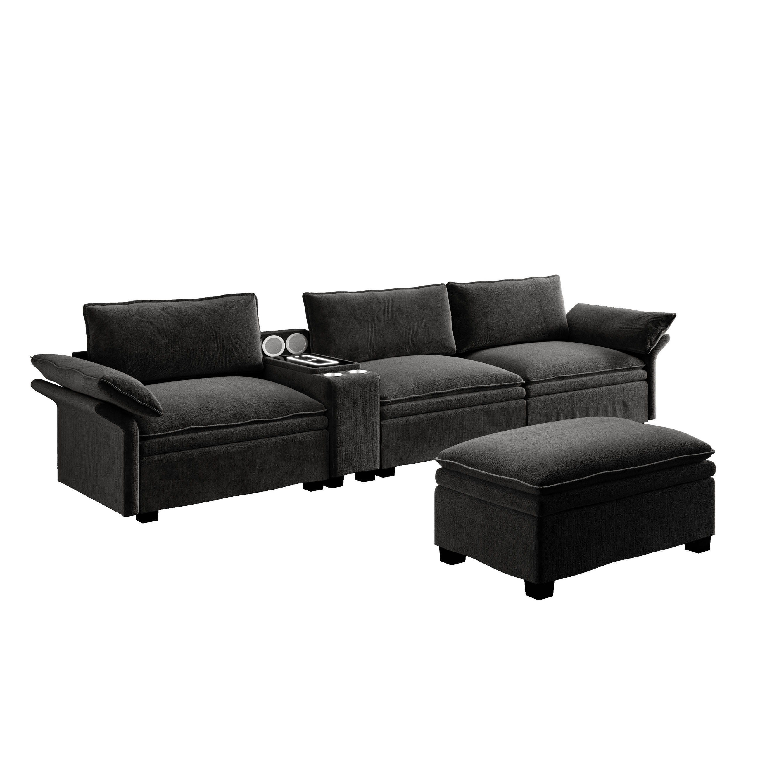 4-SITZER ECKSOFA Chenille Schwarz mit Stauraum, LED und USB - Schwarz, Holzwerkstoff/Textil (315/70cm) - WISHDOR