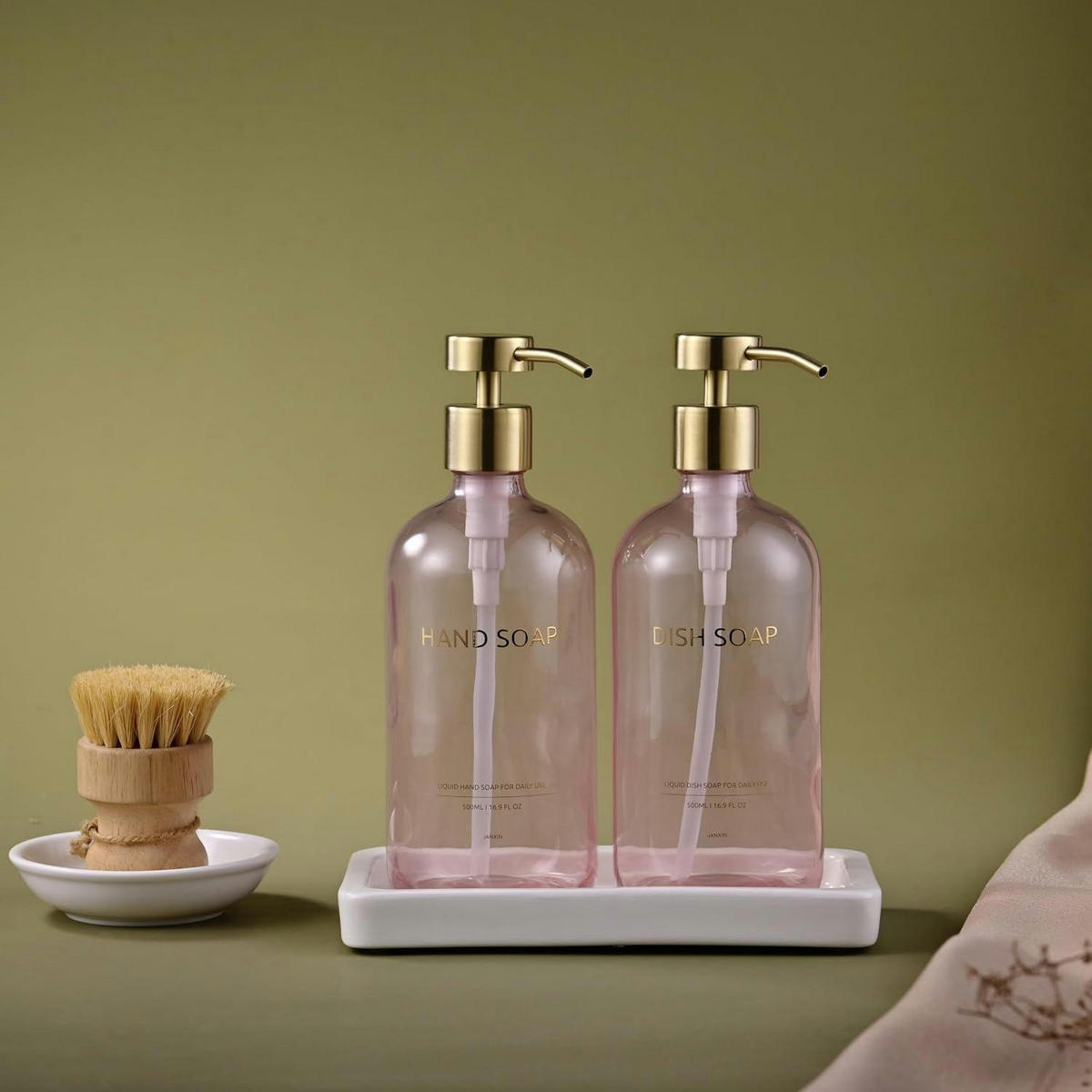 SEIFENSPENDER Set Glas Rosa mit Tablett 2-teilig - Rosa, Glas (7.6/20.8/7.6cm)