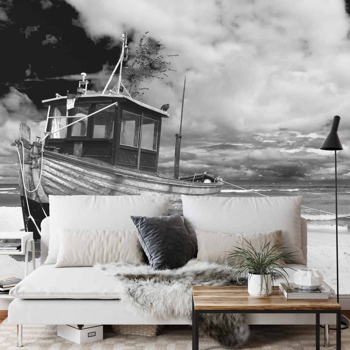 FOTOTAPETA Pre Obývaciu Izbu Čierno-Biela Loď Pláž More 450 x 315 cm - čierna/sivá, papier (450/315cm) - Muralo
