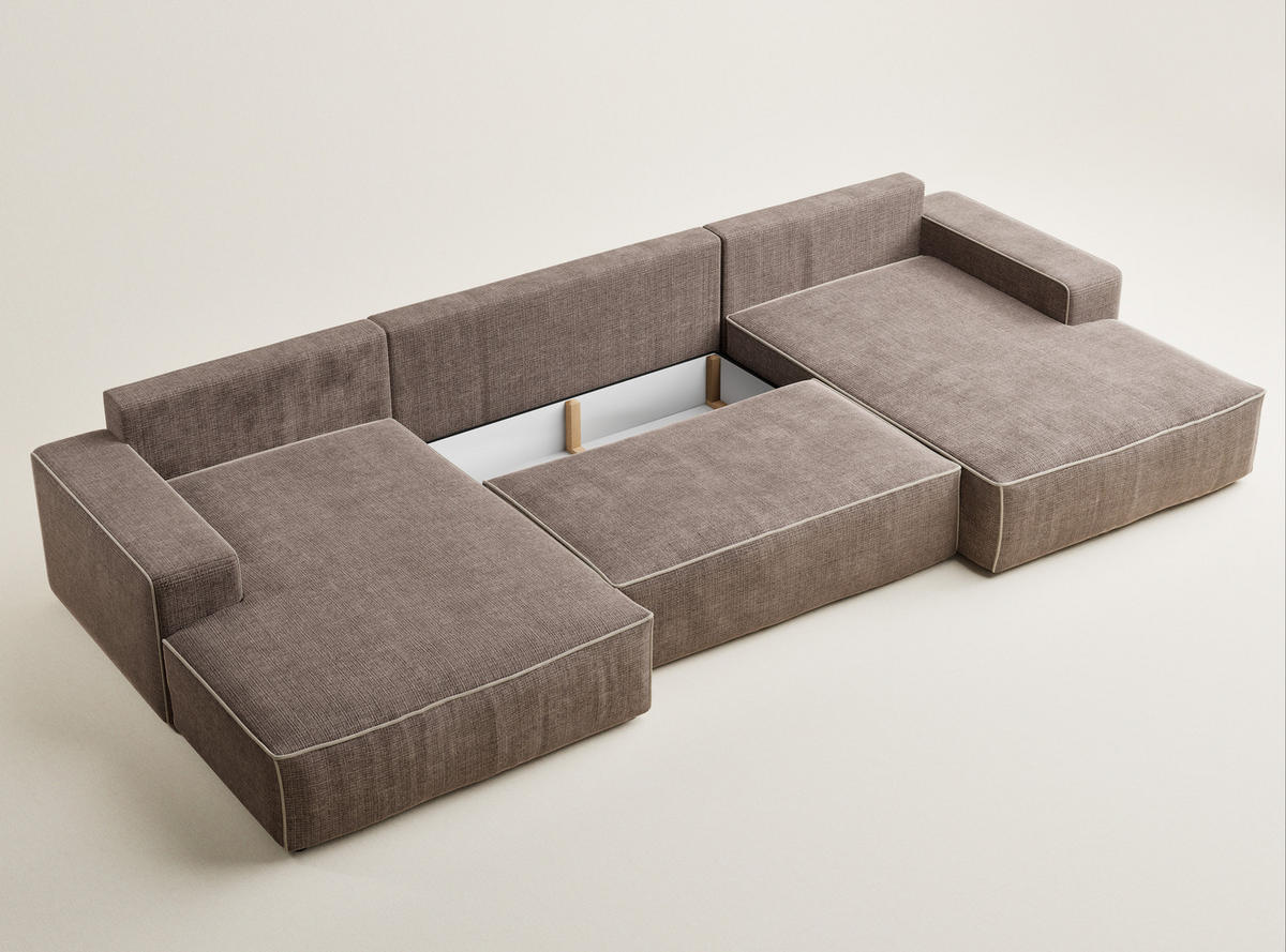 WOHNLANDSCHAFT Deseo Braun-Beige Chenille-Stoff - Beige/Schwarz, Holz/Holzwerkstoff (398/70/148cm) - Maison de Reve