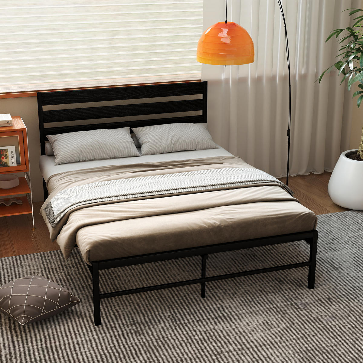METALLBETT 140x200 cm Schwarz mit komfortablem Kopfteil, stabiler Konstruktion - Schwarz, Metall (140/200cm) - Modfu