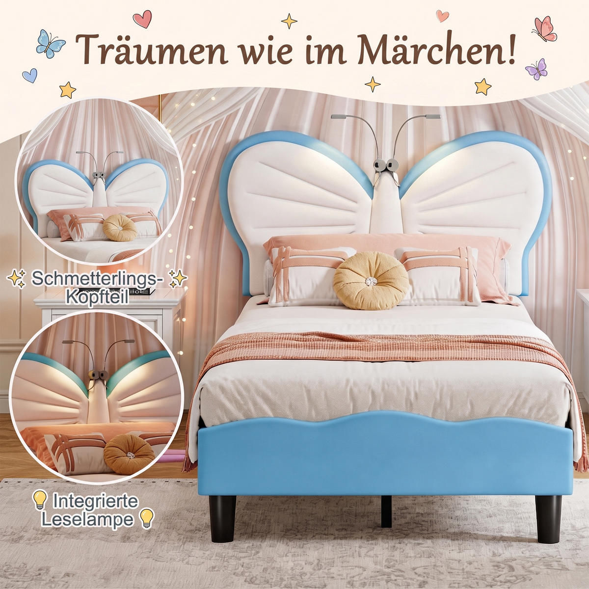 KINDERBETT 90x200 mit LED-Beleuchtung und Lattenrost, Schmetterlings-Kopfteil, höhenverstellbar, Blau - Blau, Holz/Metall (90/200cm) - GENKI LIVING