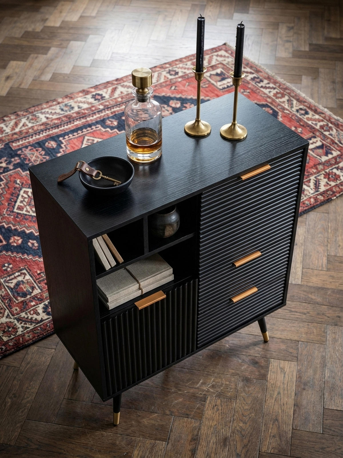 SIDEBOARD – Schwarz/Eiche-Dekor, 77x97x40 cm, mit Türen, Schubladen, Regal, Metallbeine - Goldfarben/Schwarz, Holzwerkstoff/Metall (77/97/40cm) - KADIMA DESIGN