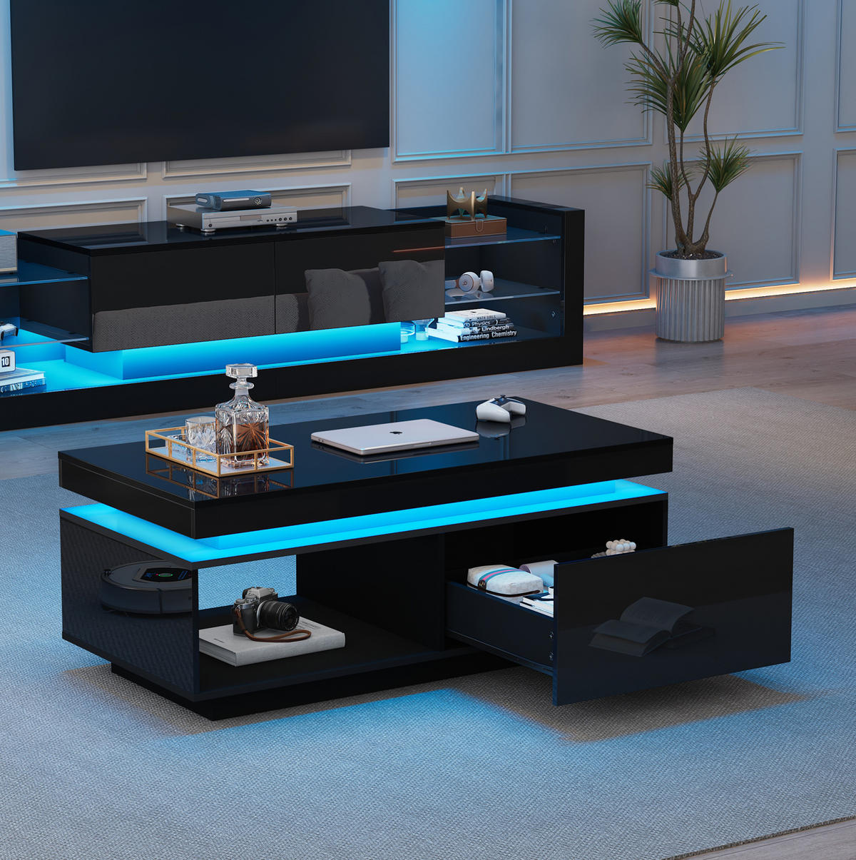 TV-ELEMENT Schwarz mit LED-Beleuchtung, TV-Lowboard 181/38/38 cm & Couchtisch - Schwarz, Holzwerkstoff (181/38/38cm) - Flora Grace