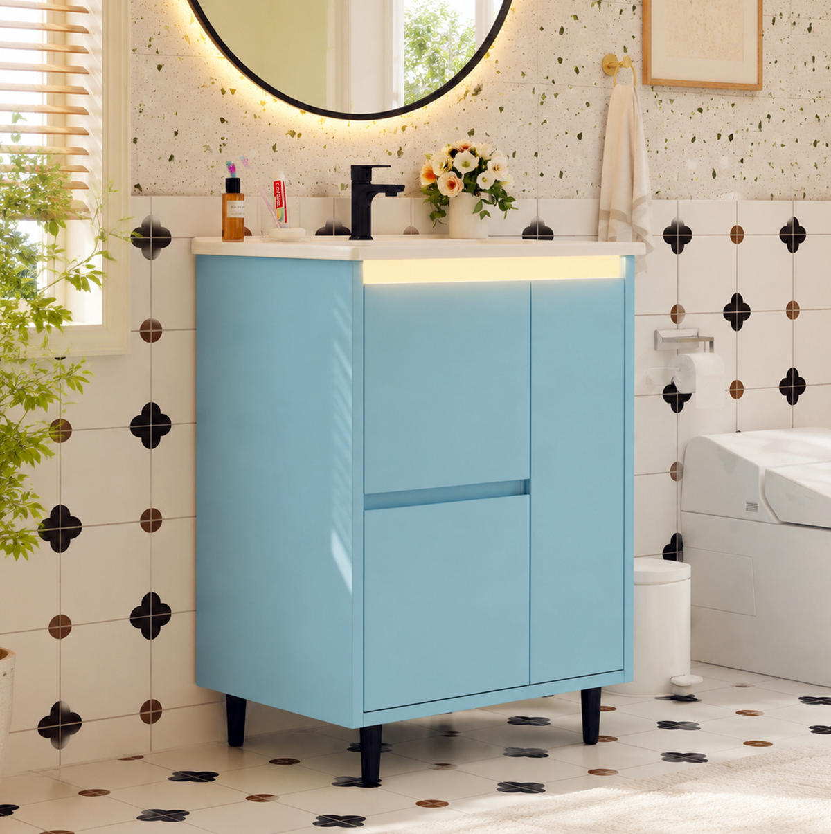 BADMÖBEL mit Waschtisch aus Keramik und MDF 61x46,5x87 cm Blau mit 2 Schubladen, Schrankfach und Soft-Close - Blau, Keramik (61/87/46.5cm) - Modfu