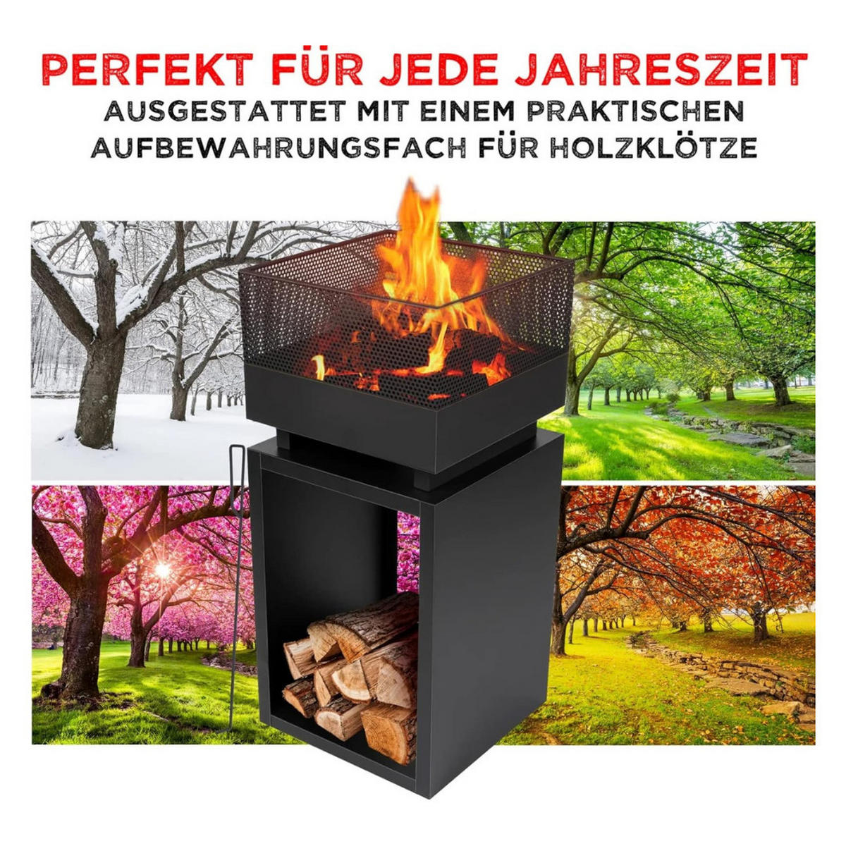 TERRASSENKAMIN Schwarz Stahl 85cm mit Holzfach und Funkenschutz, Gartenkamin, Outdoorkamin, Feuerstelle, Terrassenofen, Heizkamin, Gartenfeuer - Schwarz, Metall (39/85/39cm) - Resch