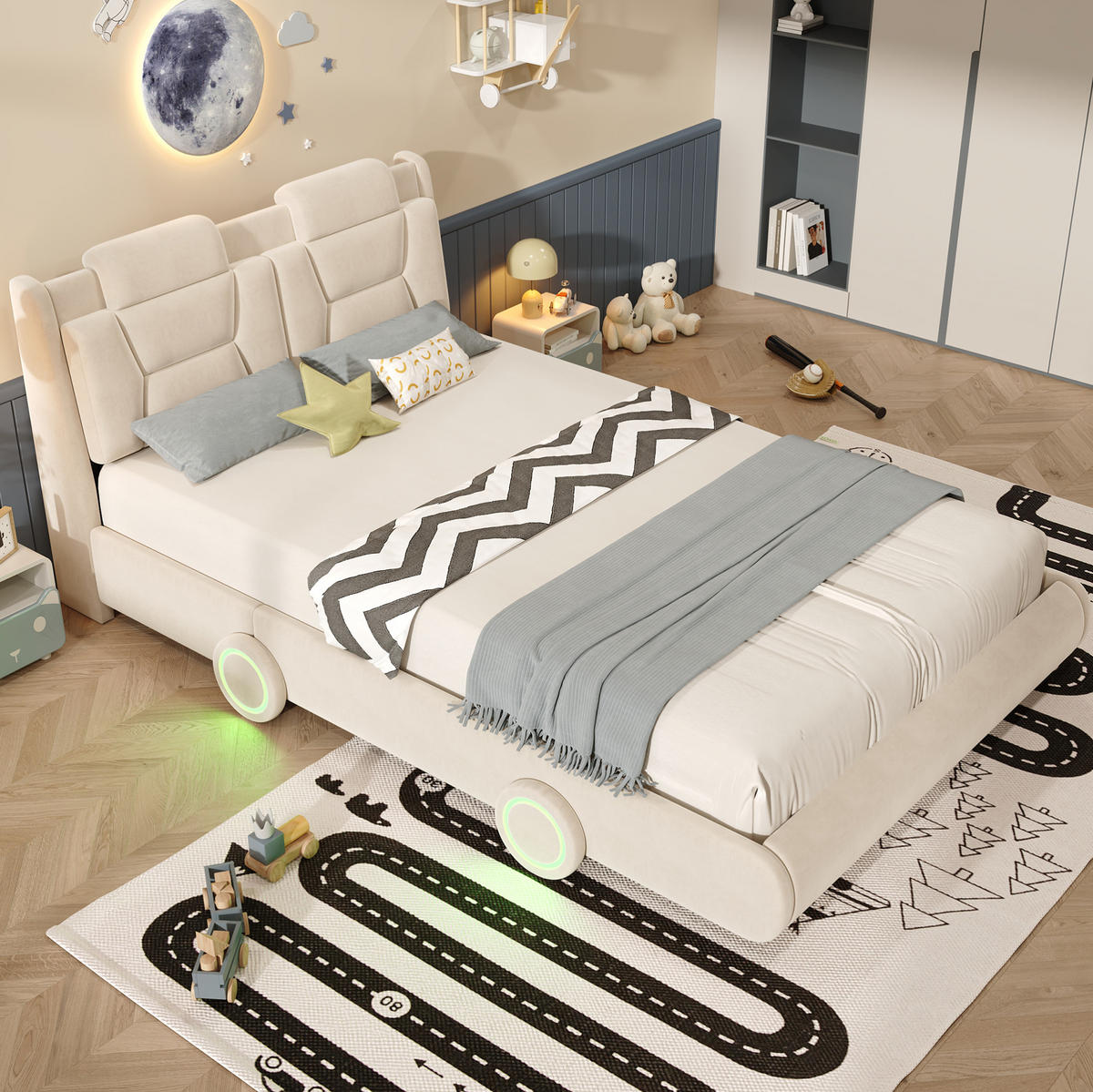KINDER-POLSTERBETT aus Flanell 140x200 cm Beige im Auto-Design mit höhenverstellbarem Kopfteil - Beige, Textil (140/200cm) - Modfu