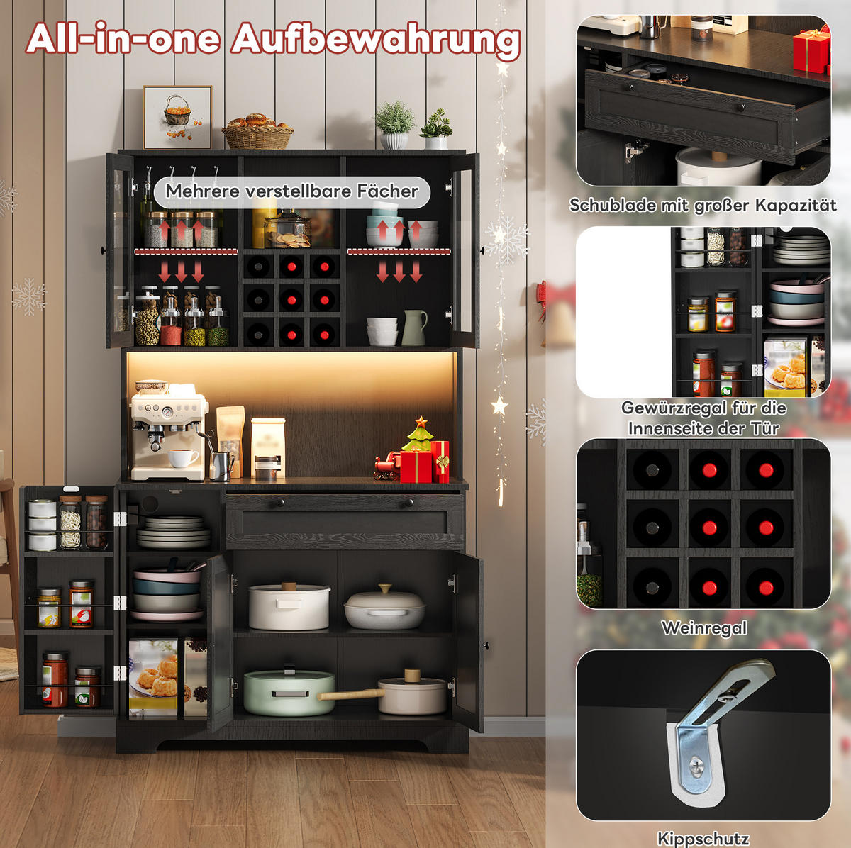 BUFFET 180/105/40 cm in Schwarz mit LED-Beleuchtung und Steckdosenleiste - Schwarz, Holzwerkstoff (105/180/40cm) - Flora Grace