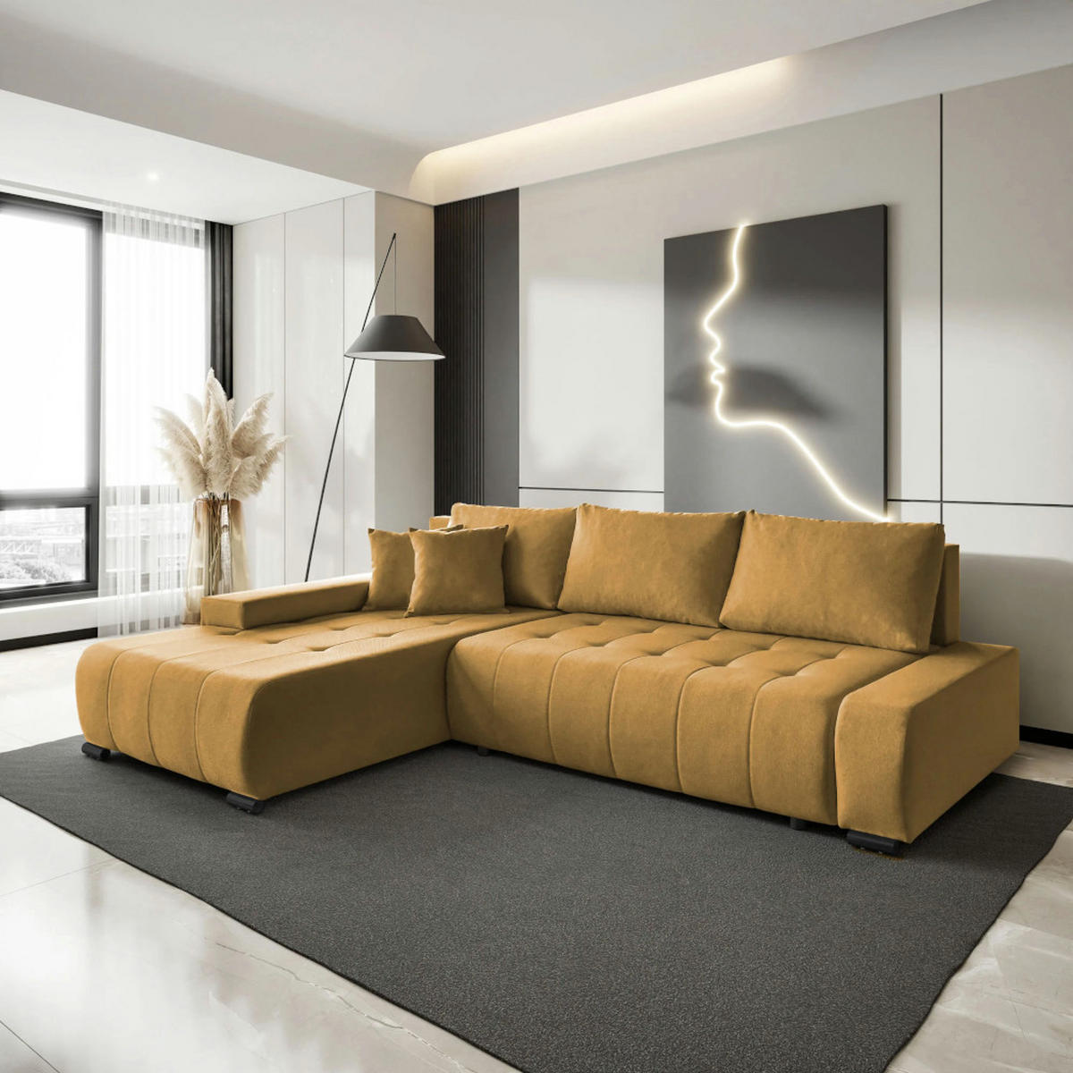 ECKSCHLAFSOFA Draco L Gelb - Gelb/Schwarz, Textil/Metall (268/183cm) - Beautysofa