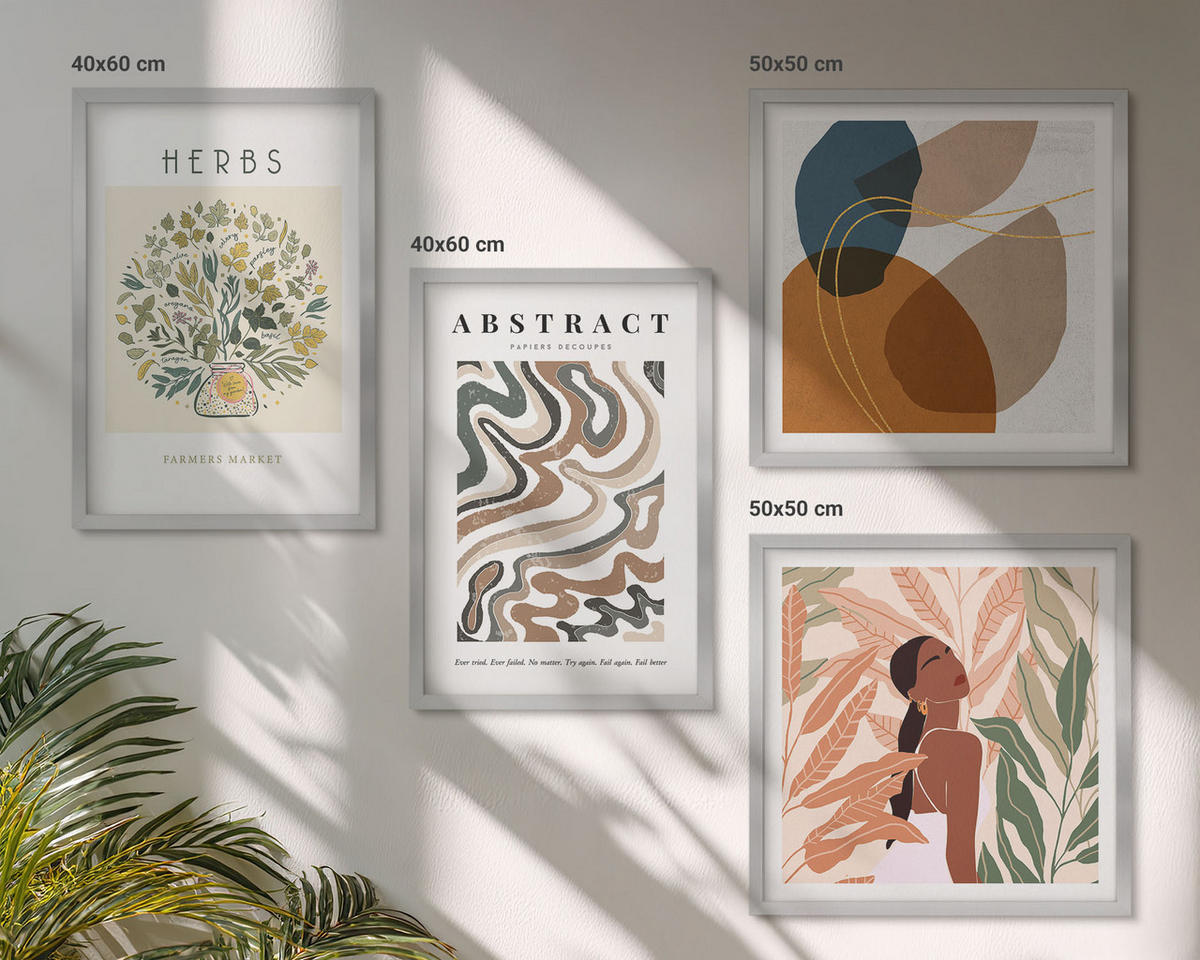 BILDER SET 4er Set - 50x50 cm & 40x60 cm Silberner Rahmen - Boho-Ästhetik, Pastellposter - Silberfarben, Kunststoff (50/50cm) - TULUP
