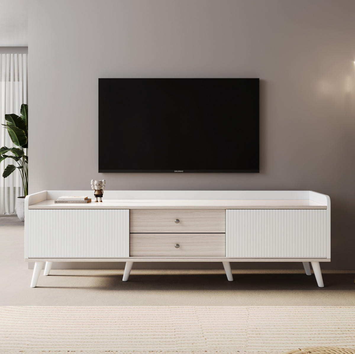TV ormarić 160/40/58 cm bijeli od iverice s kliznim vratima i 2 ladice - bijela, drvni materijal (160/58/40cm) - OKWISH