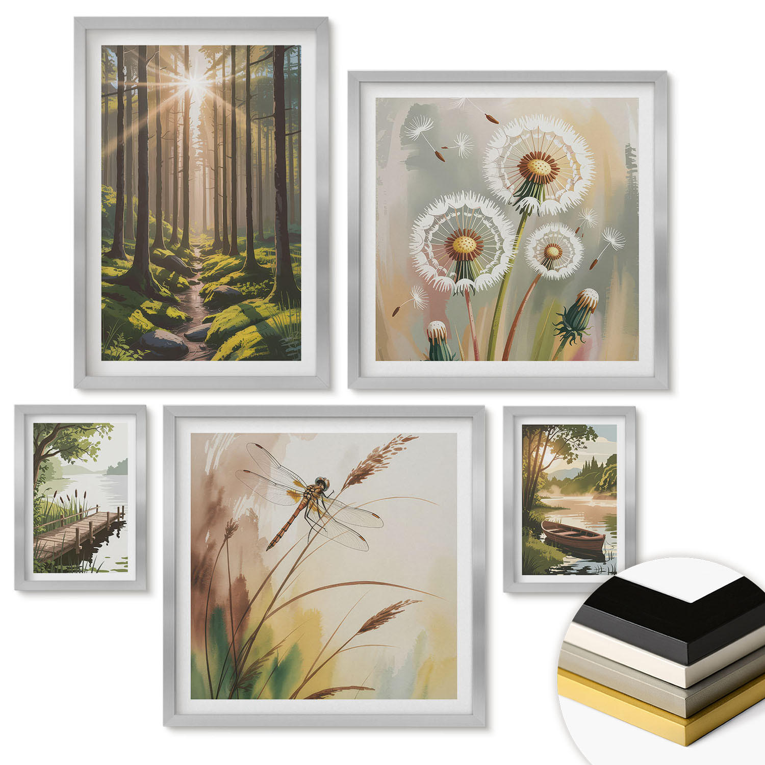 WANDBILDER 5er Set - 50x50 cm & 20x30 cm & 40x60 cm Silberner Rahmen - See, Wald, Boot, Morgennebel - Silberfarben, Kunststoff (40/60cm) - ArtPrintCave