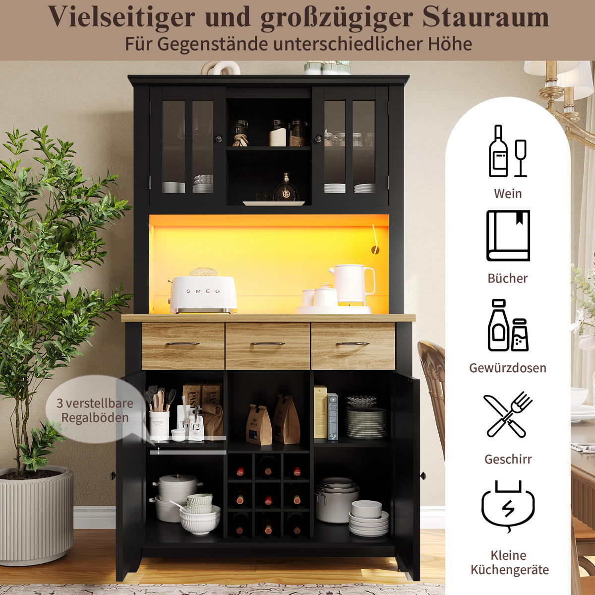 BUFFET aus MDF 106x40x179,5 cm Schwarz mit LED-Beleuchtung, Weinregal und Kippschutz - Schwarz, Holzwerkstoff (106/179.5/40cm) - Modfu