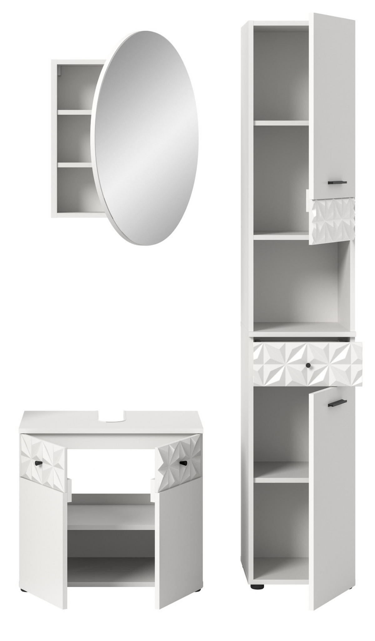 BADMÖBEL-SET weiß Hochglanz 3-teilig 120 cm, Komplettset mit 3D-Struktur - Weiß Hochglanz, Glas/Holzwerkstoff (195/187/37cm) - Inn.Furn