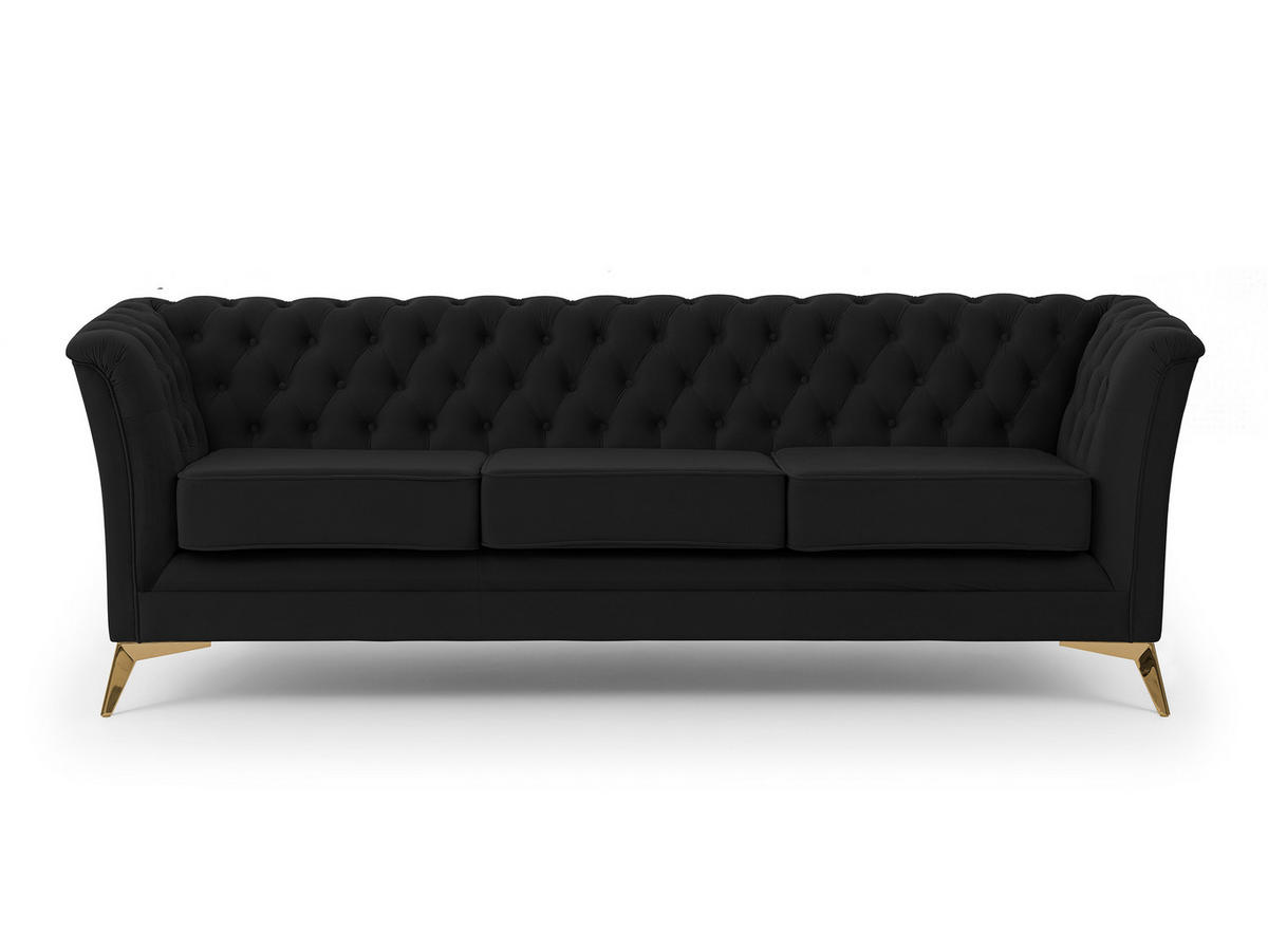 CHESTERFIELD-SOFA 3-sitzer Whitby Schwarz Samt mit goldenen Füßen - Goldfarben/Schwarz, Holz/Textil (237/78/82cm) - S-Style Möbel