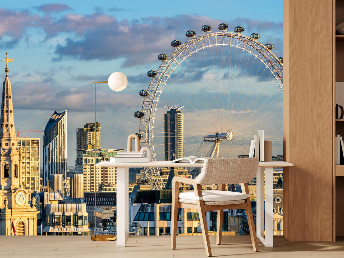 FOTOTAPETE für Schlafzimmer London Eye Skyline Wolkenkratzer Stadt 400x280 - Blau/Beige, Papier (400/280cm) - Muralo