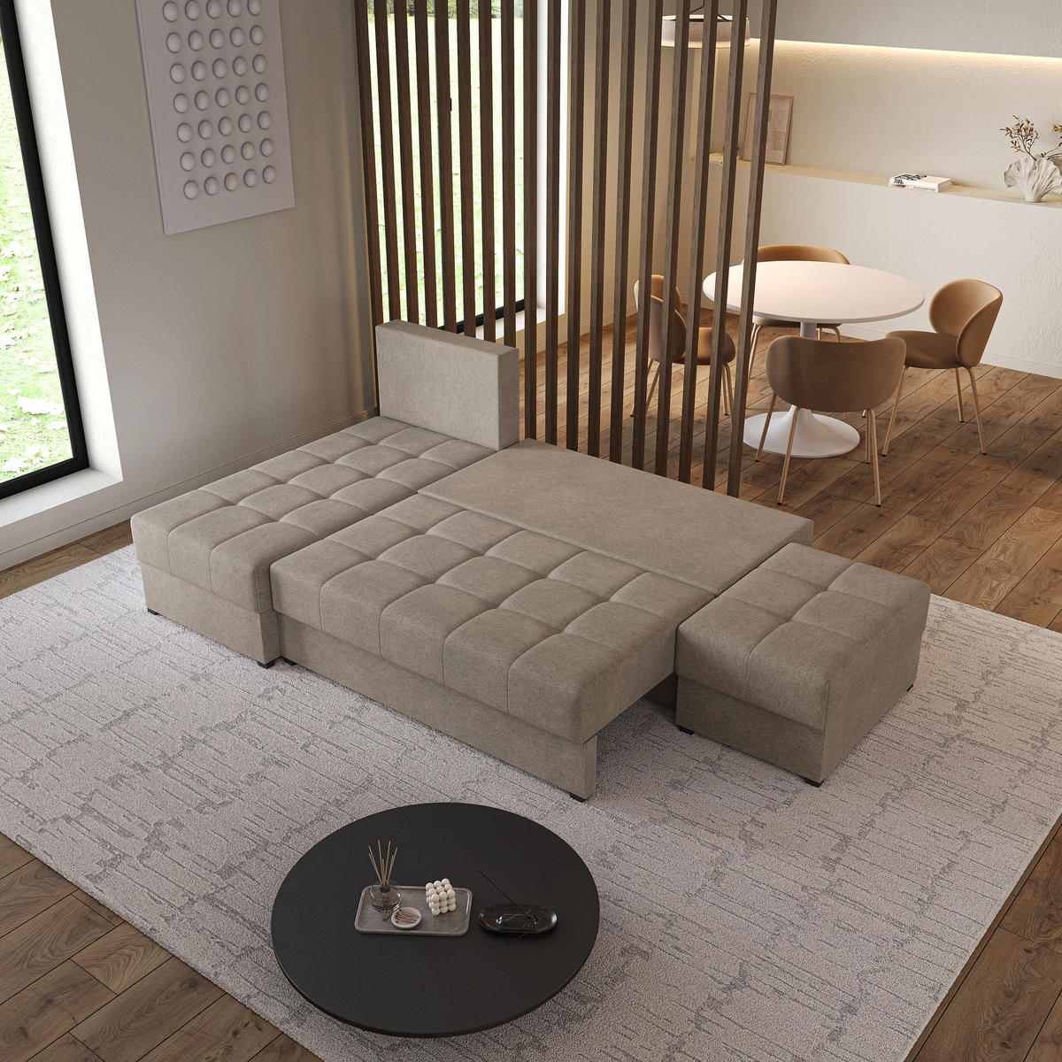 ECKSOFA NORVI Braun Geflochtener Stoff mit Schlaffunktion - Ecru, Holz (251/143cm) - MASSENO