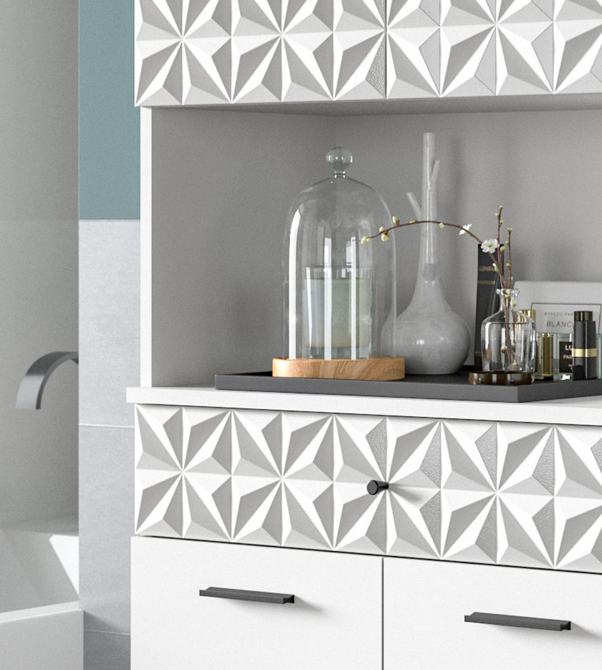 BADMÖBEL-SET weiß Hochglanz 4-teilig 186 cm, Komplettset mit 3D-Struktur - Weiß Hochglanz, Glas/Holzwerkstoff (186/187/37cm) - Inn.Furn