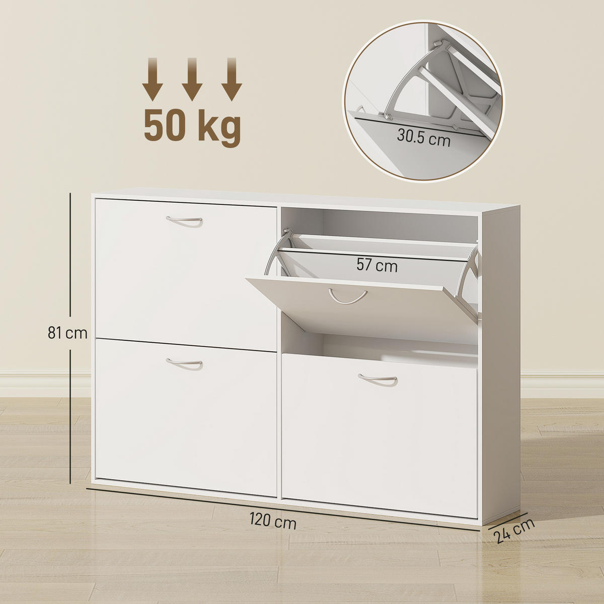 SCHUHREGAL,4 Klappschubladen für 16–24 Paar 120x24x81cm,weiß - Weiß, Holzwerkstoff (120/81/24cm) - Vallsero