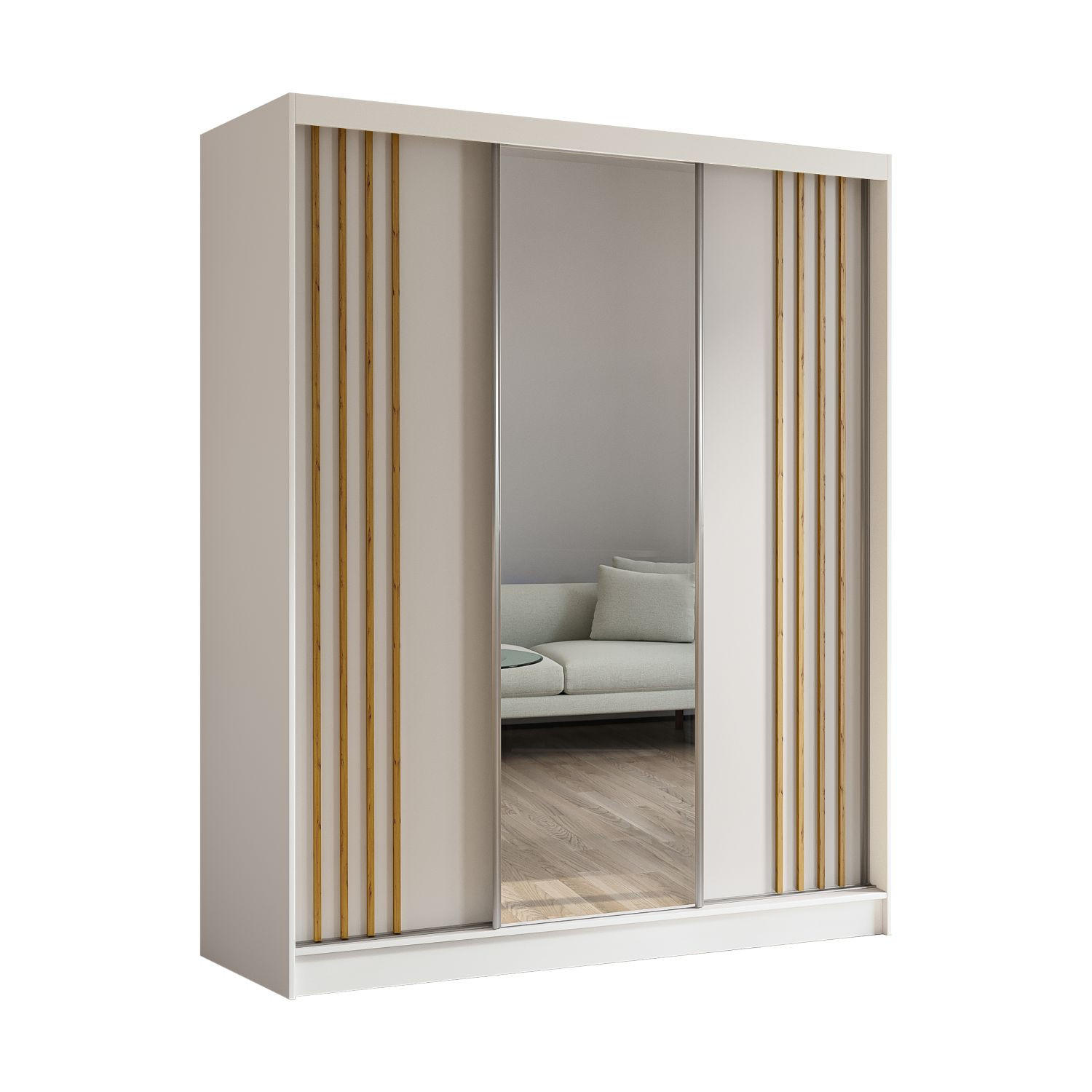 SCHWEBETÜRENSCHRANK Neli 180 cm mit Lamellen und Spiegel 3-türig, weiß, weiß, Lamelle Artisan - Weiß/Braun, Kunststoff (180/216/61cm) - Margaret Hadas24