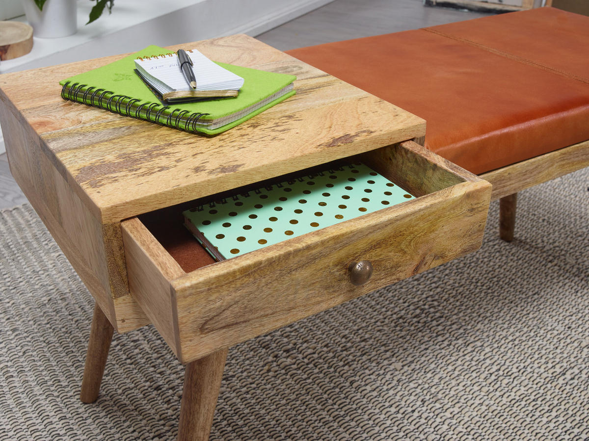 SITZBANK Retro Stil Stauraum Ziegenleder Bezug, Braun 100x38x52 cm - Braun, Leder/Holz (100/52/38cm) - KADIMA DESIGN