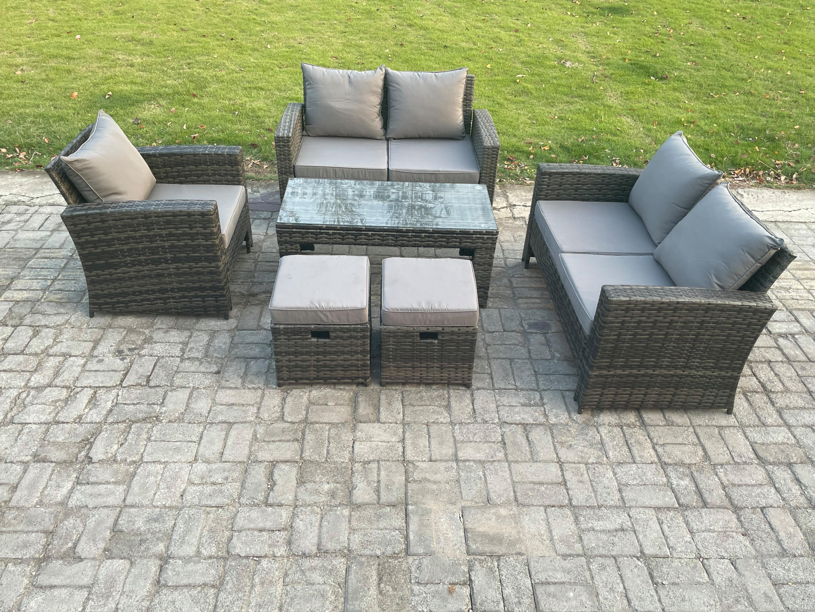 GARTENMÖBEL SOFA SET MIT COUCHTISCH 2 KLEINER HOCKER Polyrattan Dunkelgrau Gemischt 7-Sitzer - Dunkelgrau, Metall - Fimous
