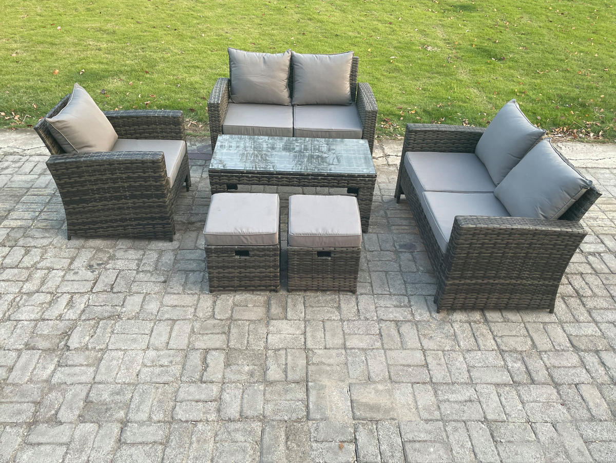 GARTENMÖBEL SOFA SET MIT COUCHTISCH 2 KLEINER HOCKER Polyrattan Dunkelgrau Gemischt 7-Sitzer - Dunkelgrau, Metall - Fimous