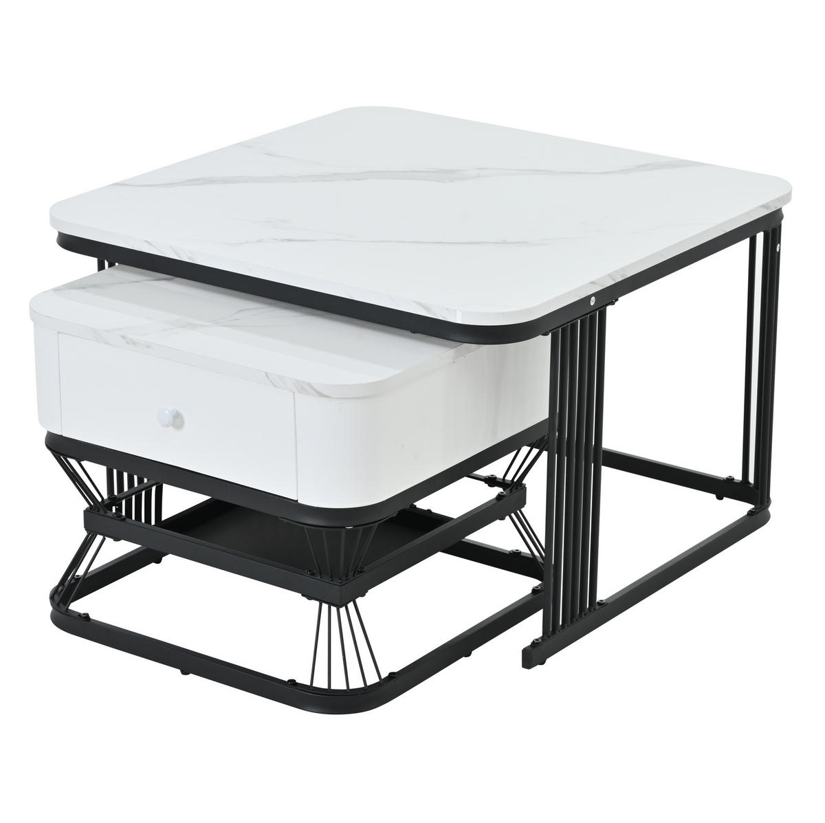 COUCHTISCH-SET, Hochglanz-Marmoroptik mit schwarzem Metallrahmen, 1 Schublade, 70/70/45 + 50/50/40 cm,Weiß - Weiß, Holzwerkstoff (70/70/45cm) - Redom