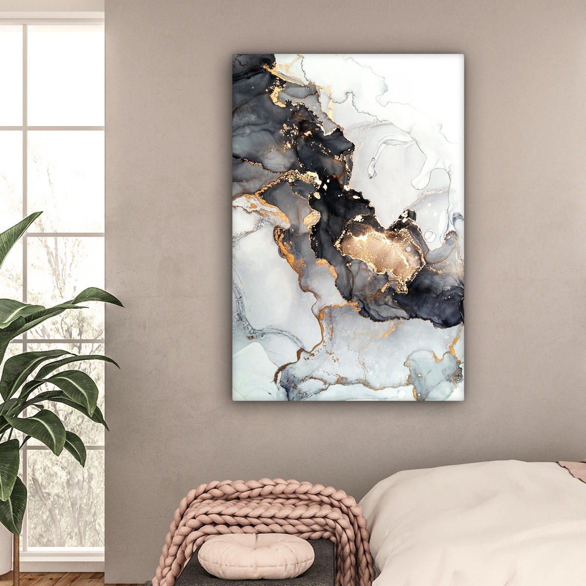 LEINWANDBILD Marmor - Schwarz - Weiß - Gold - Luxus - Abstrakt Deko Groß 90x140 cm - Goldfarben, Textil (90/140cm) - MuchoWow