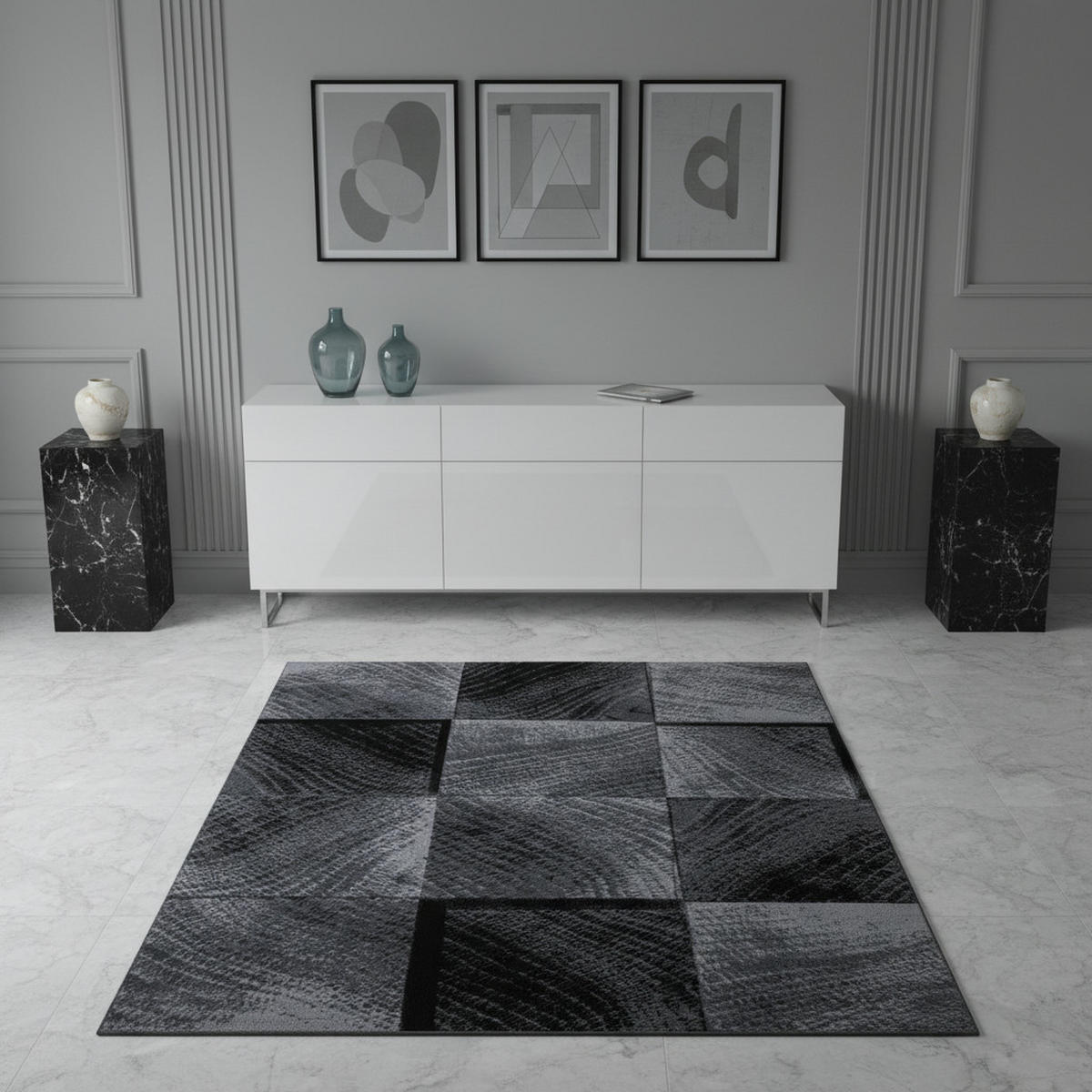 TEPPICH Kurzflor Karo-Design Polypropylen Wohnzimmer Schwarz Rechteckig 280x370 - Schwarz, Textil (280/370cm) - KADIMA DESIGN