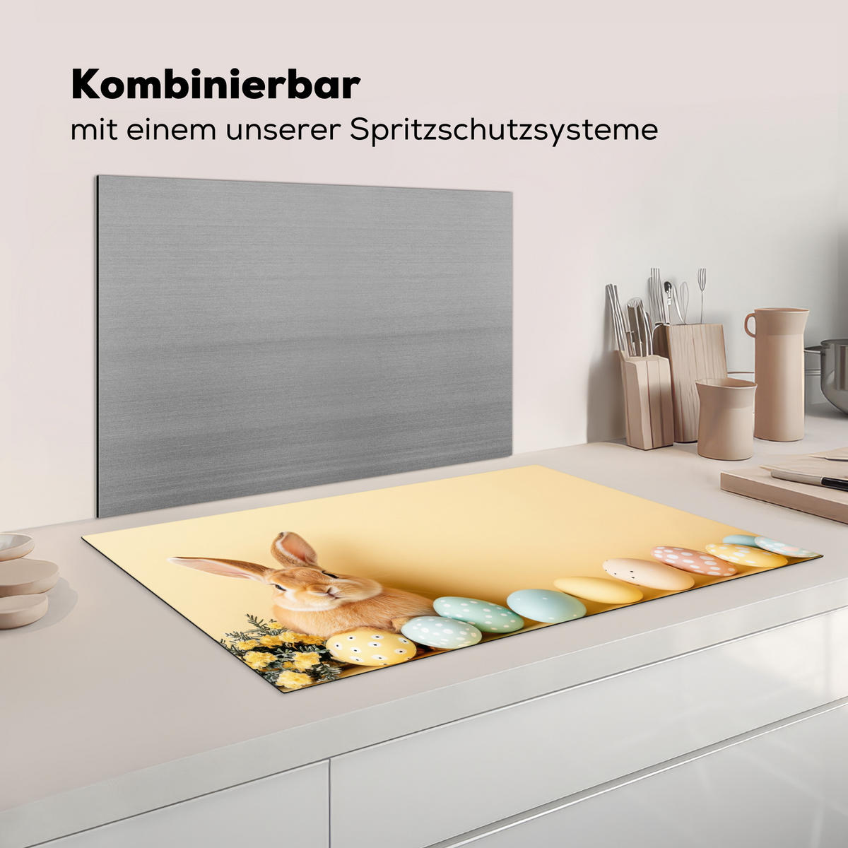 HERDABDECKPLATTE Eier - Kaninchen - Pastellfarbtöne Induktionsmatte 83x51 cm - Hellgelb, Kunststoff (83/51.5/0.2cm) - MuchoWow