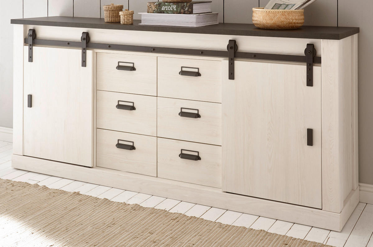 ESSZIMMER-SET weiß Pinie, anthrazit, Speisezimmer 3-teilig mit Buffetschrank, Esstisch, Sideboard - Anthrazit/Weiß, Holzwerkstoff (334/201/80cm) - Furn.Design