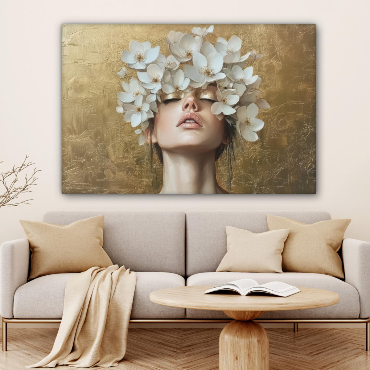 LEINWANDBILD Gesicht - Blumen - Gold - Abstrakt Wohnzimmer Groß 120x80 cm - Goldfarben, Textil (120/80cm) - MuchoWow