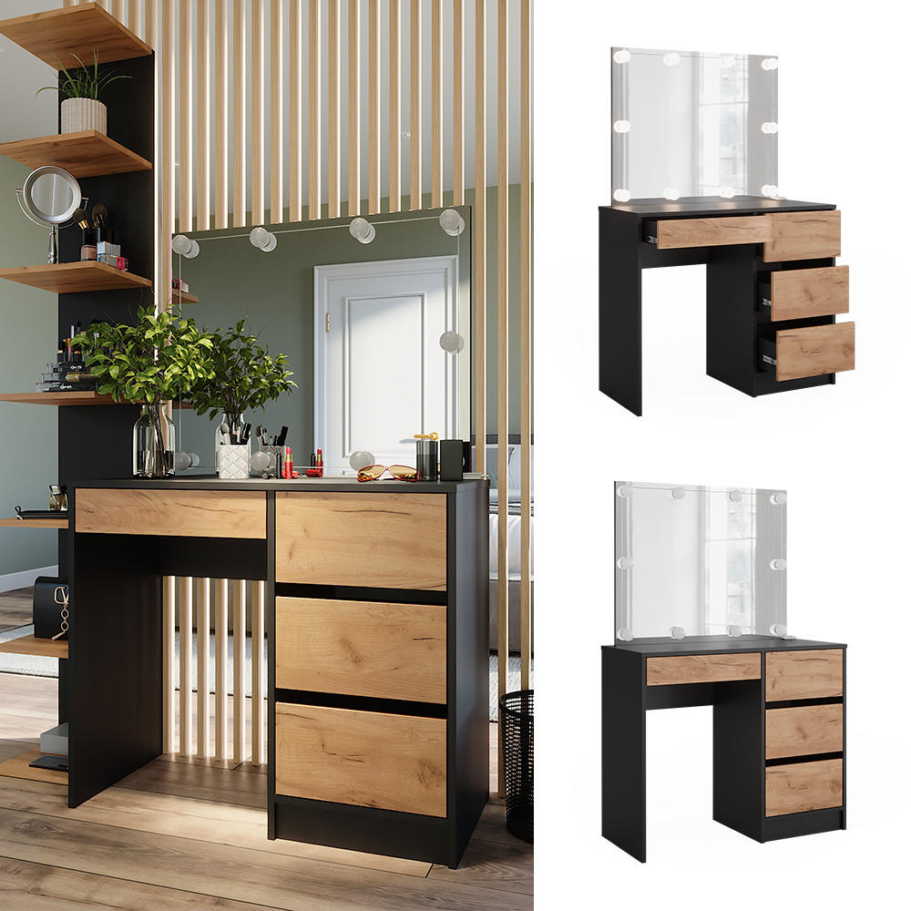 SCHMINKTISCH Sherry Anthrazit/Goldkraft Eiche 90 x 75 cm mit Spiegel & LED-Beleuchtung - Honigeiche/Anthrazit, Holzwerkstoff (90/75/40cm) - Vicco