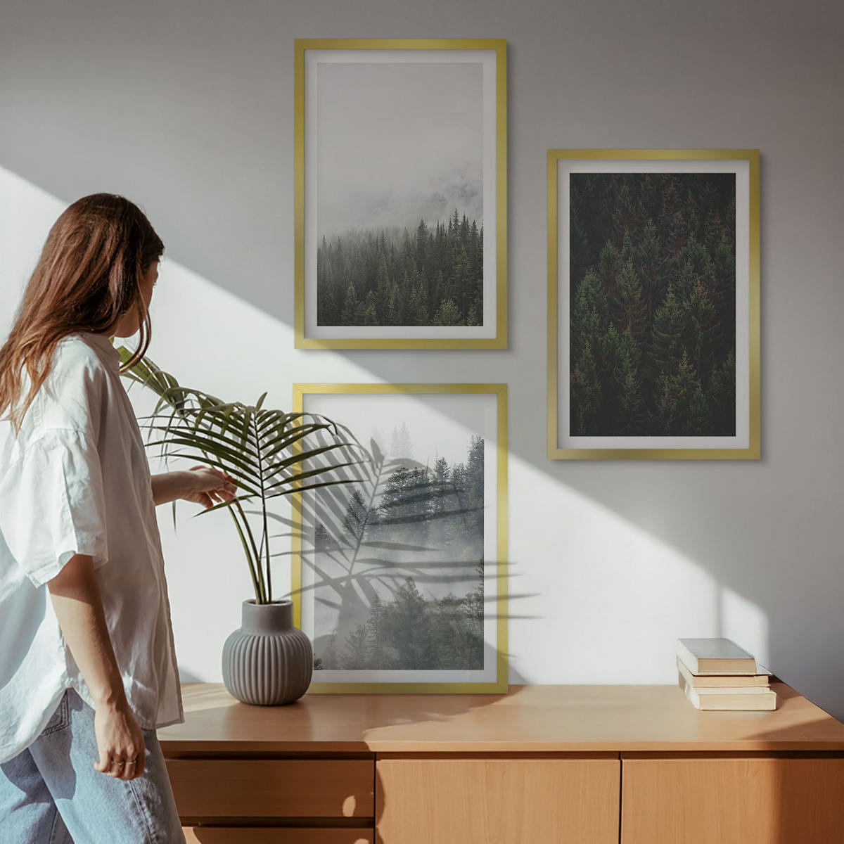 BILDER SET 3er Set - 40x60 cm Goldrahmen - Grüne Wälder Nebel Natur - Goldfarben, Kunststoff (40/60cm) - TULUP