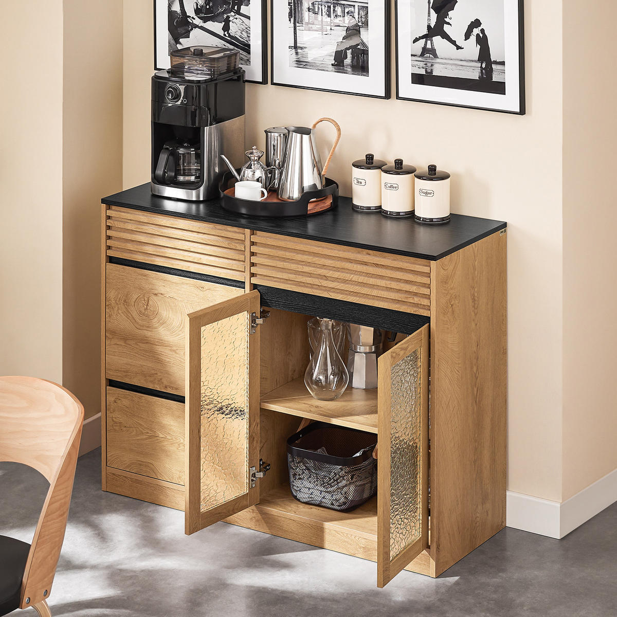 SIDEBOARD Vintagebraun-Schwarz - Schwarz/Naturfarben, Glas/Holzwerkstoff (112/89/40cm) - SoBuy