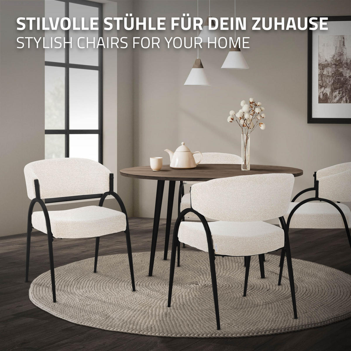 ESSZIMMERSTUHL 2er Set Küchenstühle gepolstert mit Webstoff-Bezug und Arm- und Rückenlehne Beige - Beige/Schwarz, Textil/Metall (54/81/65cm) - ML-DESIGN