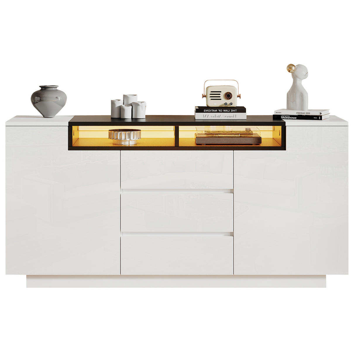 SIDEBOARD aus Spanplatte 140x40x68 cm Weiß/Schwarz mit LED-Beleuchtung, 3 Schubladen und 2 Türen - Weiß, Holzwerkstoff (140/68/40cm) - IVMEU