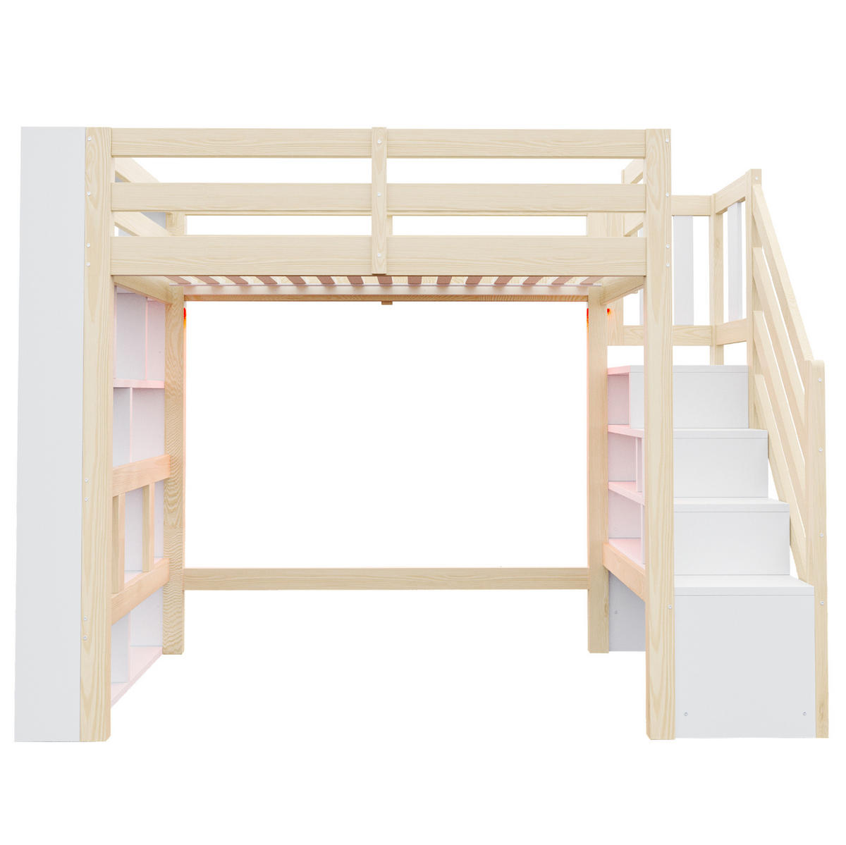 HOCHBETT aus Kiefernholz 90x200 cm Natur/Weiß mit Stauraumtreppe, Regalfächern und LED-Beleuchtung - Weiß, Holz (90/200cm) - Modfu