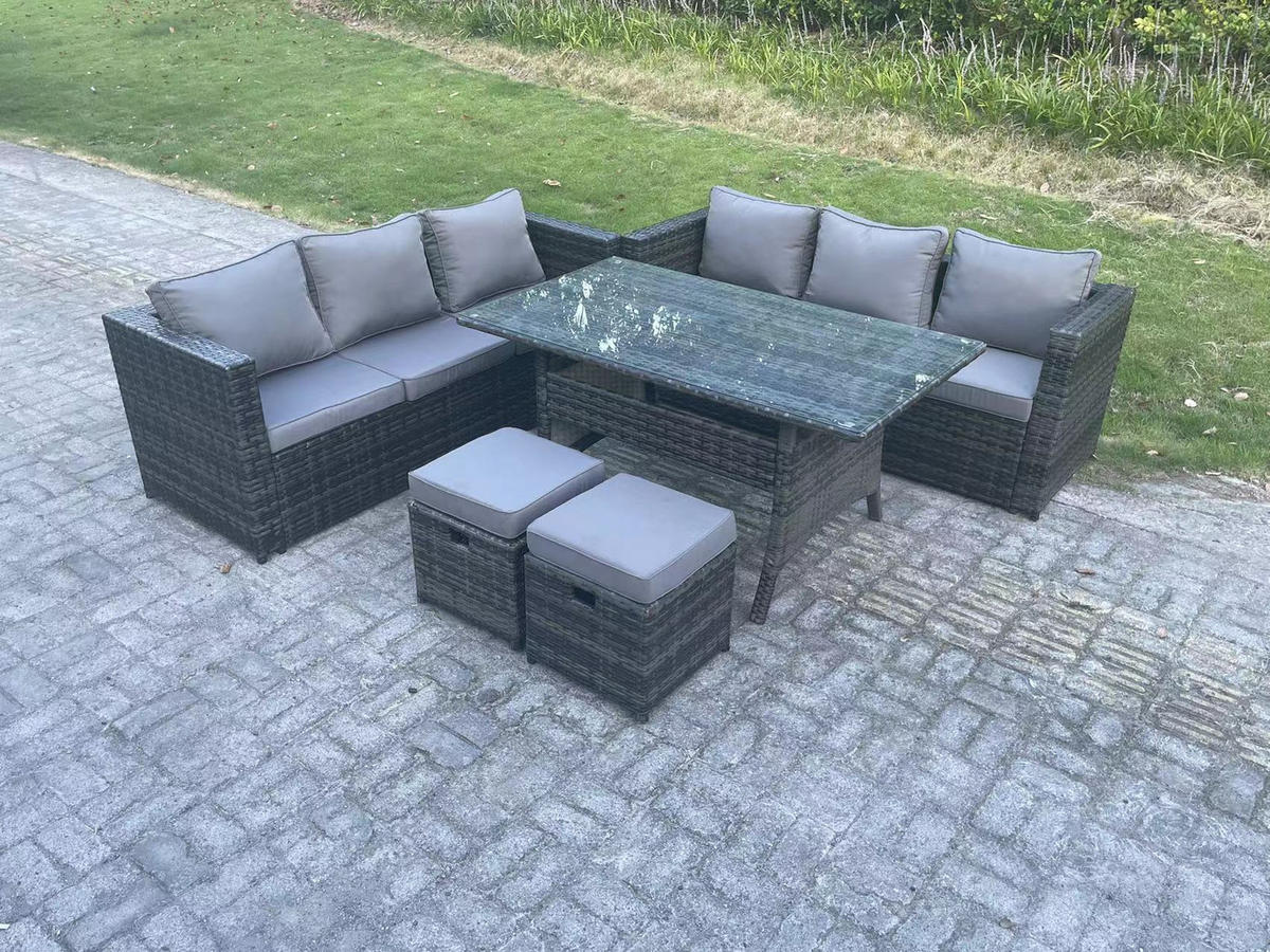 LOUNGEGARNITUR mit Fußschemel Polyrattan Dunkelgrau 8-Sitzer - Dunkelgrau/Grau, Glas/Kunststoff - Fimous