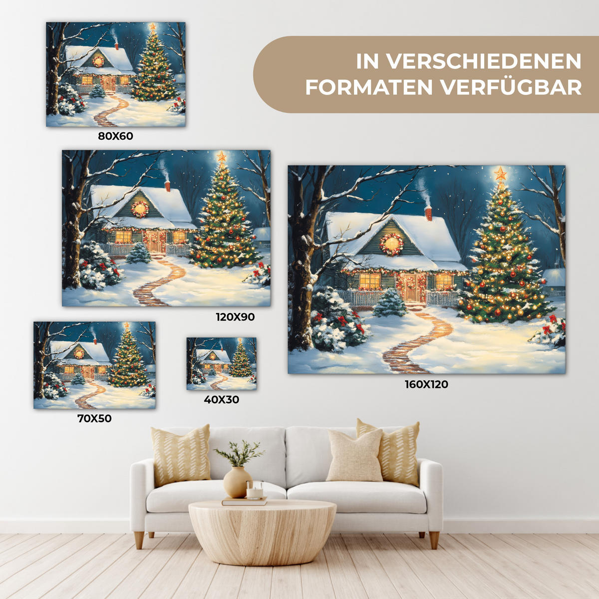 LEINWANDBILD Weihnachten - Weihnachtsbaum - Winter - Zuhause - Schnee Wandbilder 80x60 cm - Smaragdgrün, Textil (80/60cm) - MuchoWow