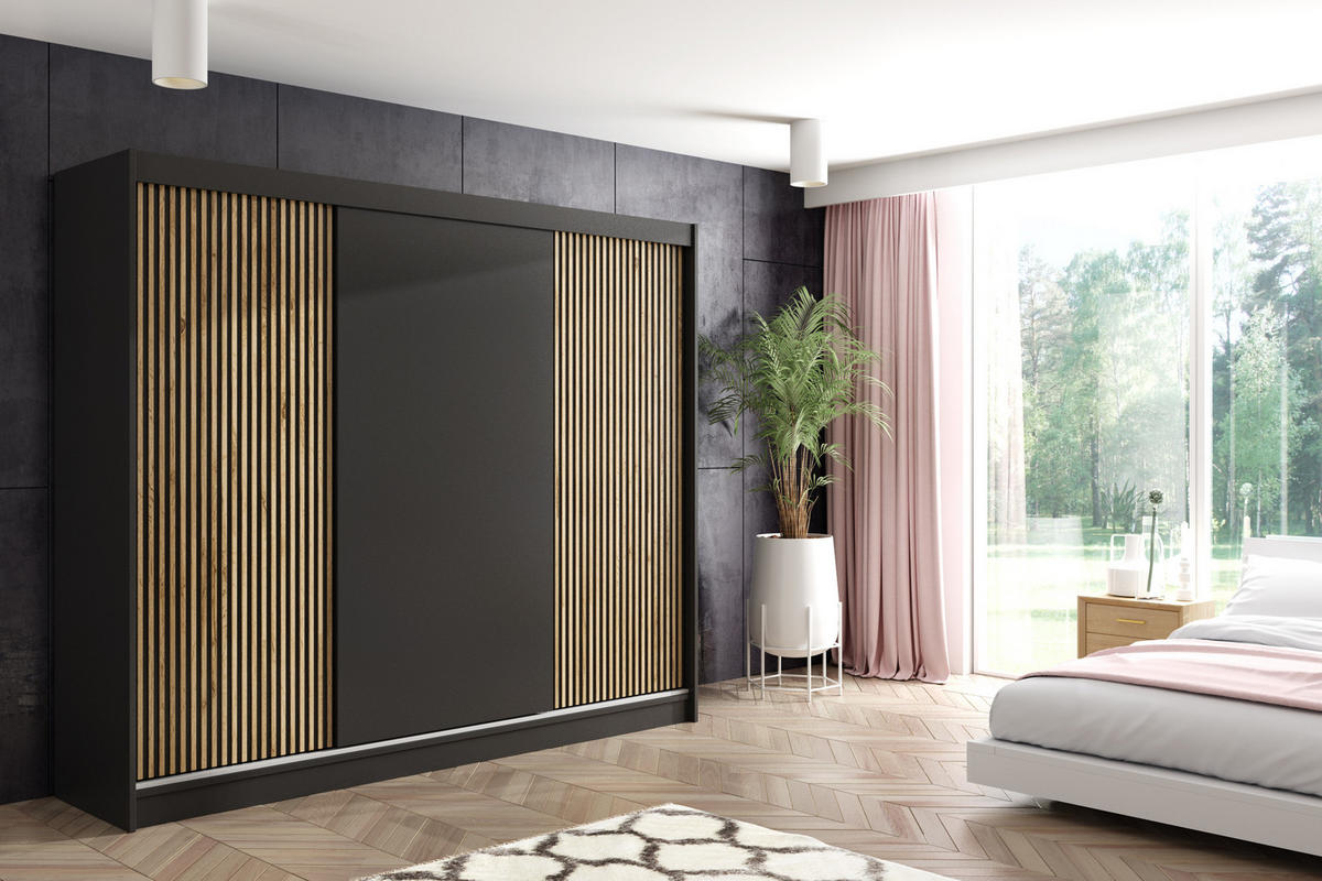 KLEIDERSCHRANK VILAN mit Lamel - 250 cm - Schwarz|Eiche Wotan - Eiche Wotan/Schwarz, Holzwerkstoff (250/215/61cm) - ALTDECOR