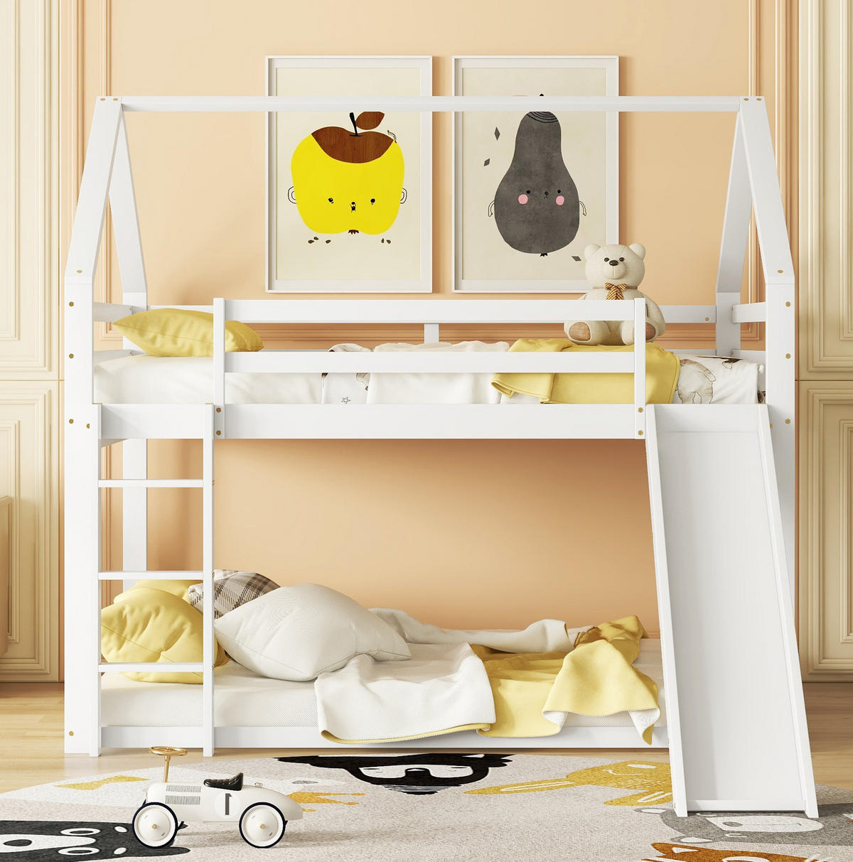 NADSTROPNA postelja 140/200 cm bela s toboganom in lestvijo iz bora in MDF v obliki hiše - bela, les (140/200cm) - OKWISH