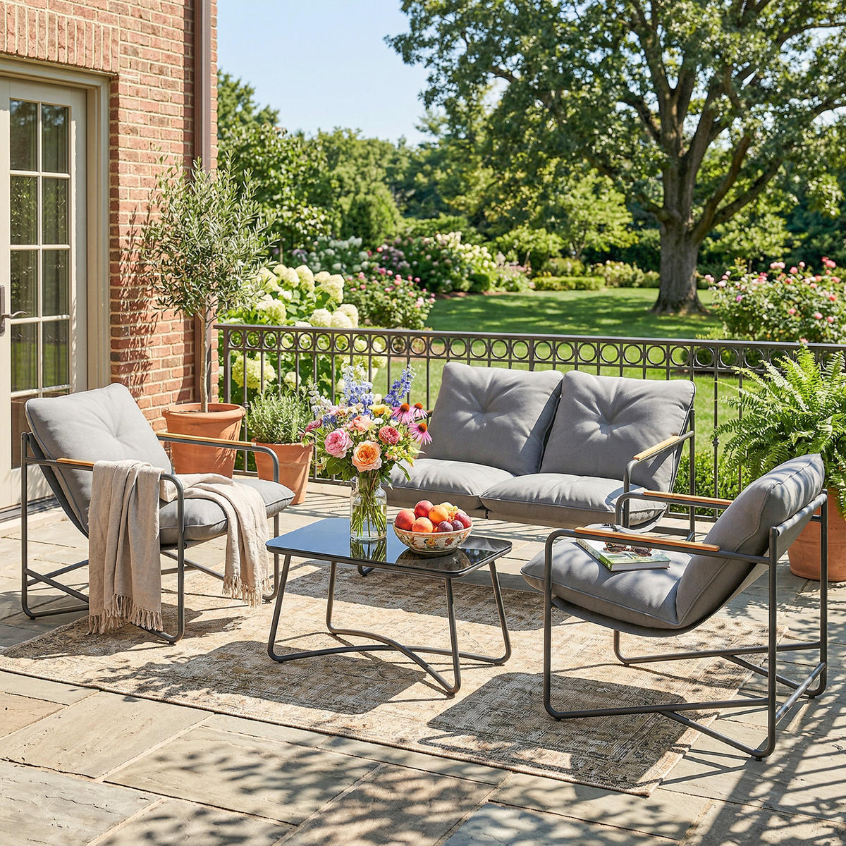 GARTENSET DE-13541 4-teilig mit 13 cm Kissen & Glastisch Hellgrau - Hellgrau, Metall - ComfortXL