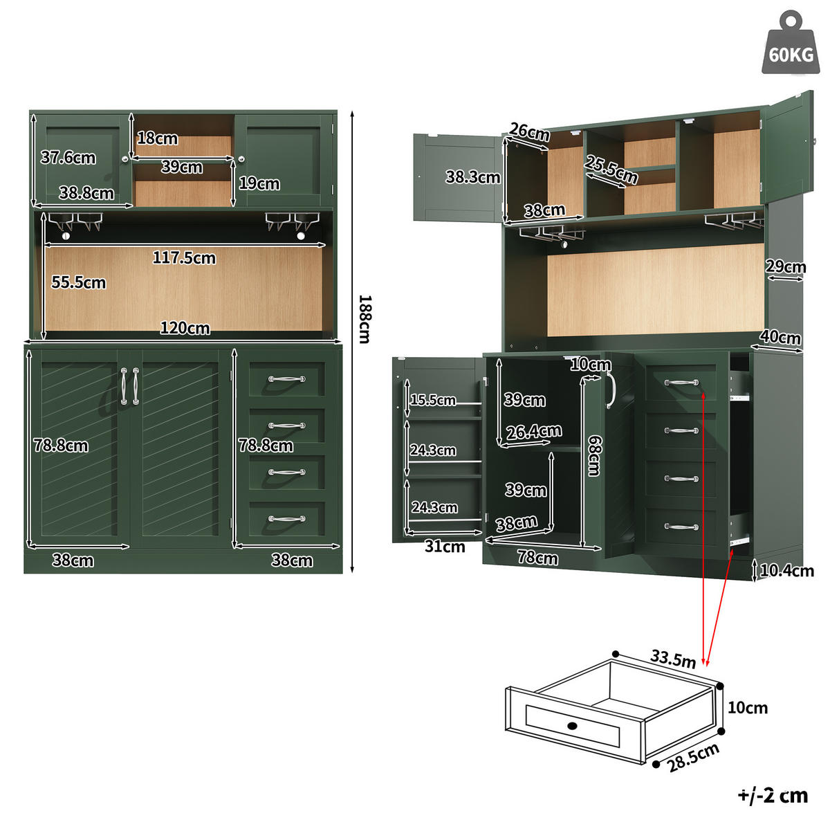 BUFFETOVÁ skrinka 120/40/188 cm zelená s LED osvetlením a držiakmi na nápoje z MDF - zelená, kompozitné drevo (120/188/40cm) - OKWISH