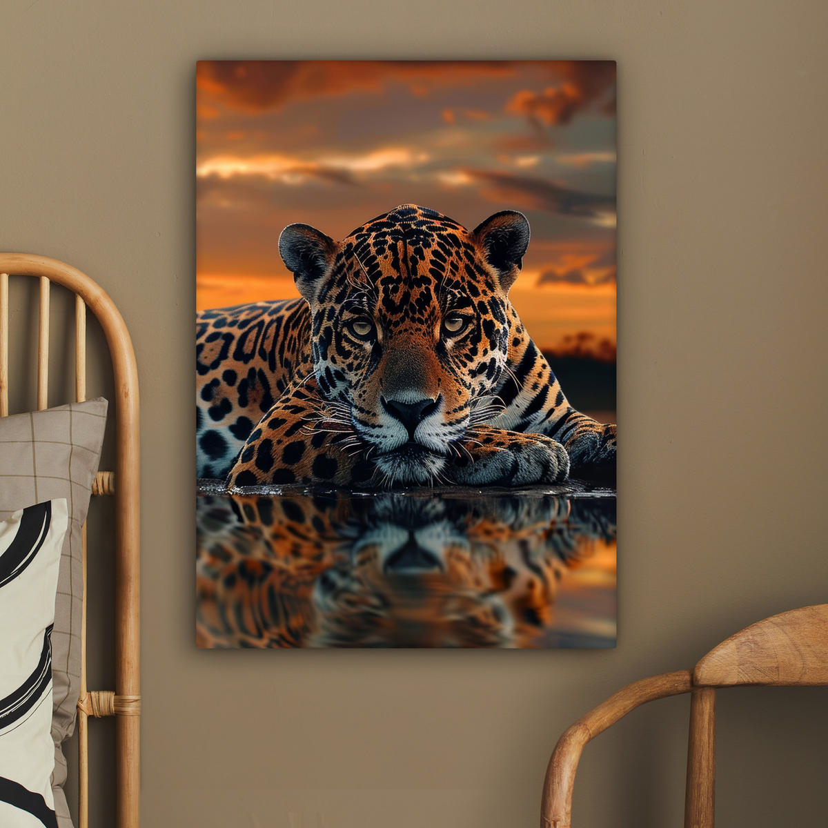LEINWANDBILD Natur - Leopard - Tier - Sonnenuntergang - Modern 60x80 cm - Orange, Textil (60/80cm) - MuchoWow