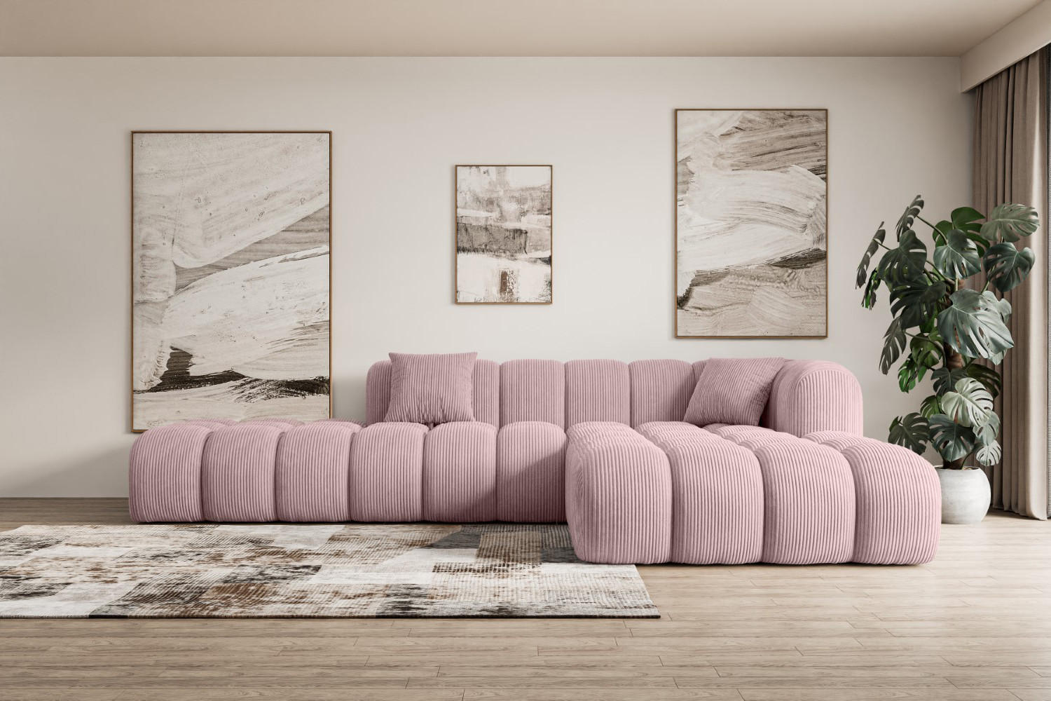 ECKSOFA Ottomane Rechts OLEA-L2 - 289x176x71 cm Rosa Cord - Schwarz/Rosa, Holzwerkstoff/Kunststoff (289/176cm) - ALTDECOR