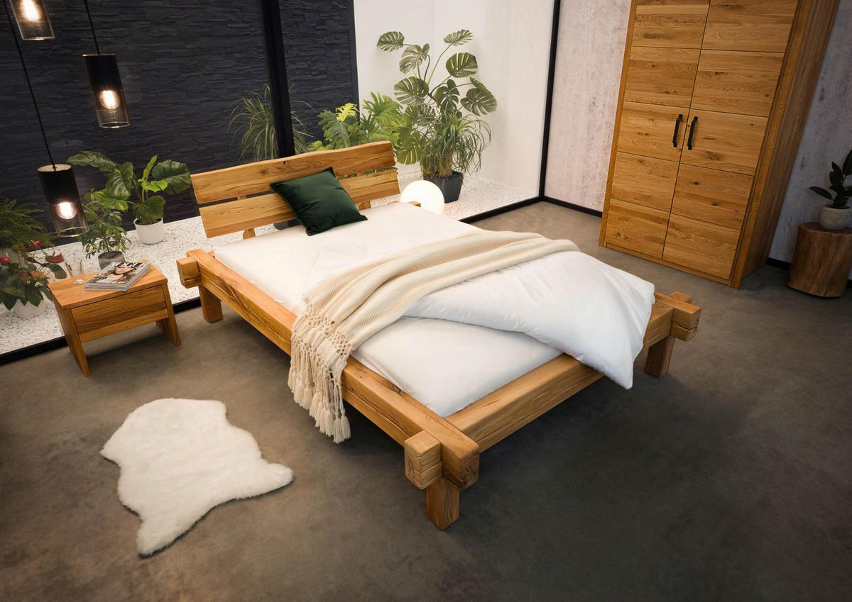 BETT Massivholz Wildeiche 160 x 200 x 85 natur BALKENMÖBEL #711 - Braun, Holz (160/200cm) - Massivmoebel24