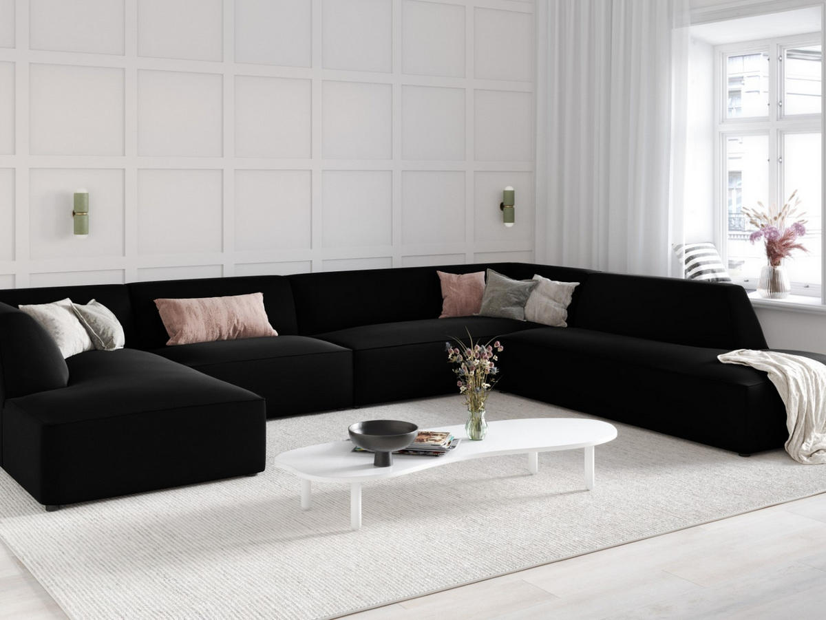 PANORAMASOFA rechts Ruby aus Samt schwarz 7 Sitzplätze - Schwarz, Textil (273/69/366cm) - Micadoni